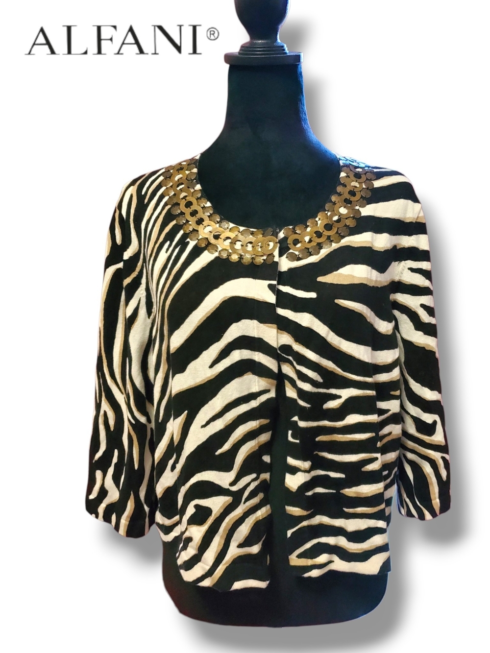 Alfani NWT Zebra Animal Print Sequin Embellished Knit Cardigan Jacket Size XL